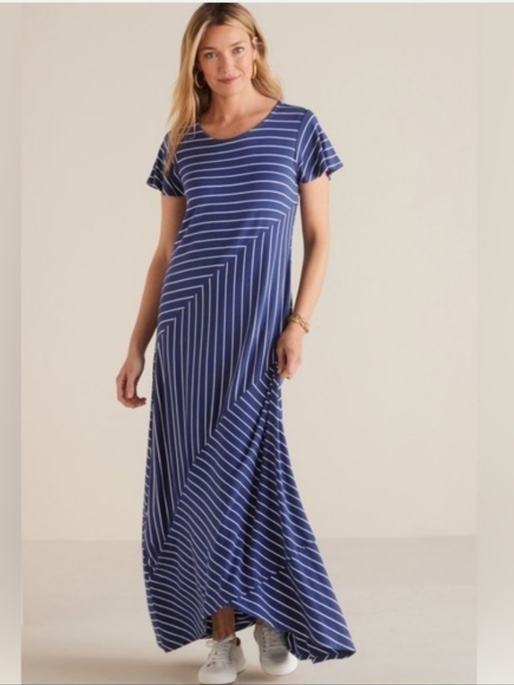 Soft Surroundings Elsie Maxi Dress Size Large Blue/White Stripe Stretch Nautical